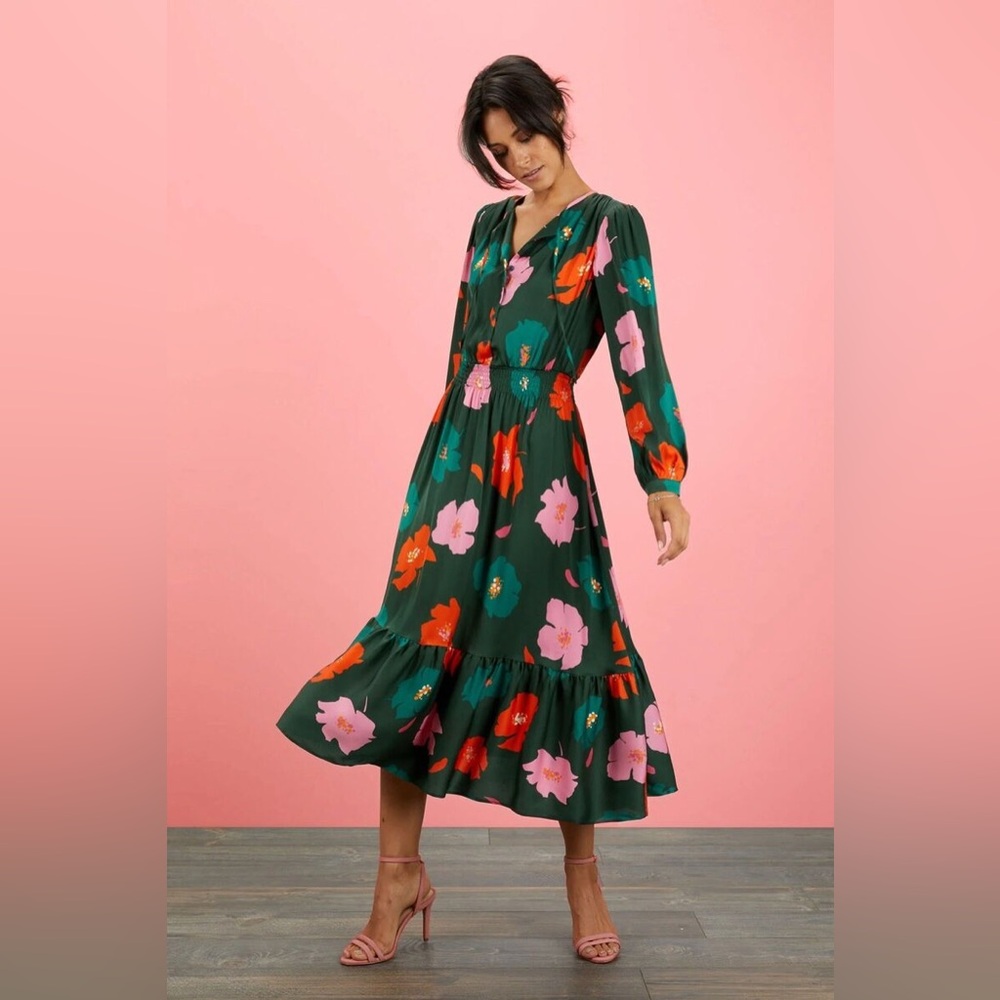Tucker NYC Juliette Dress in Emerald Painted Poppies Green Floral 100% Silk XS